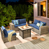 ovios 7 Pieces Patio Furniture Set, Outdoor Wicker Sectional Sofa with 30 Inch Fire Pit Table Comfy Cushions, Modern Modular Deep Seat Rattan Couch Conversation Set, Navy Blue ovios