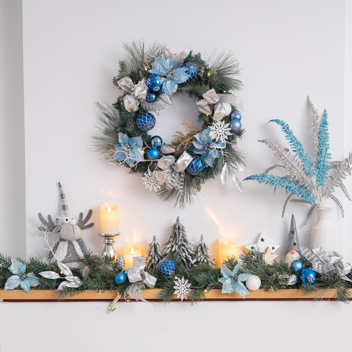 Valery Madelyn Pre-Lit Christmas Garland with Lights for Mantle, 6 feet Lighted Battery Operated Xmas Garland with Silver Light Blue Balls for Front Door Fireplace Table Centerpiece Outdoor Decor Valery Madelyn