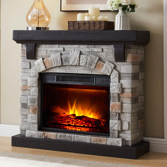 Electric Fireplace with Mantel, 40”W Faux-Stone Fireplace Mantel，Tall Fire Place Heater Freestanding with LED Flame for Living Room Bedroom, 40”Wx12”Dx35”H, Gray