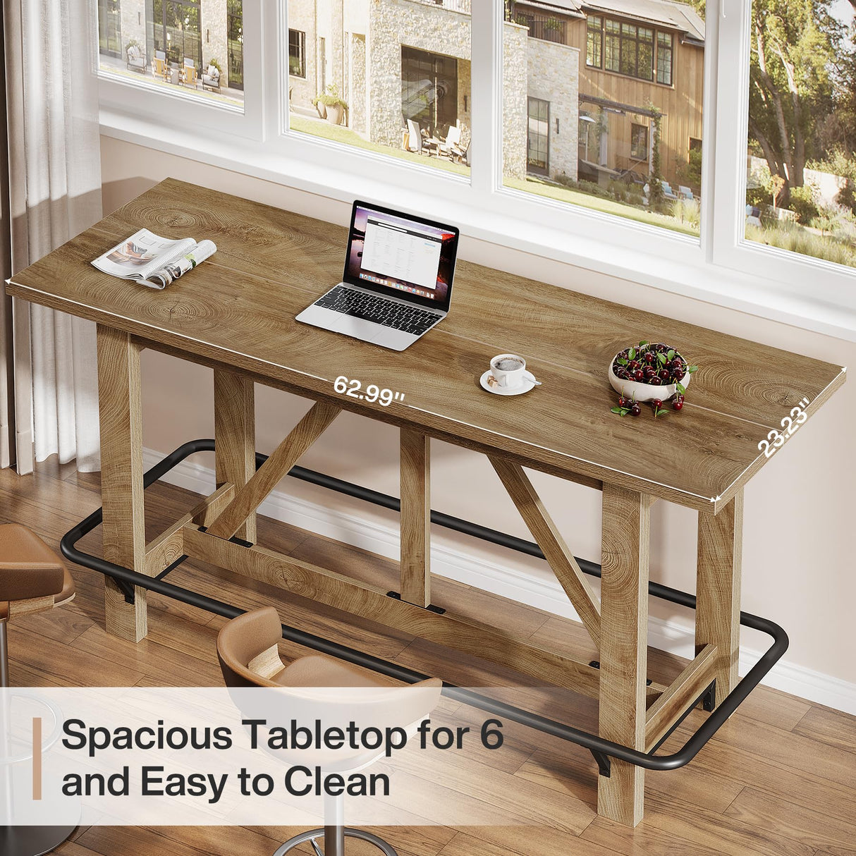 Tribesigns 63" Bar Table, Long Counter Height Pub Dining Table with Footrest, Home Bar Furniture for Bar, Kitchen & Dining Room, Living Room, Brown Tribesigns