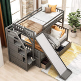 Harper & Bright Designs Twin Over Full Bunk Bed with Stairs and Slide, Multifunction Wood Bunk Bed with Storage Drawers, Gray Harper & Bright Designs