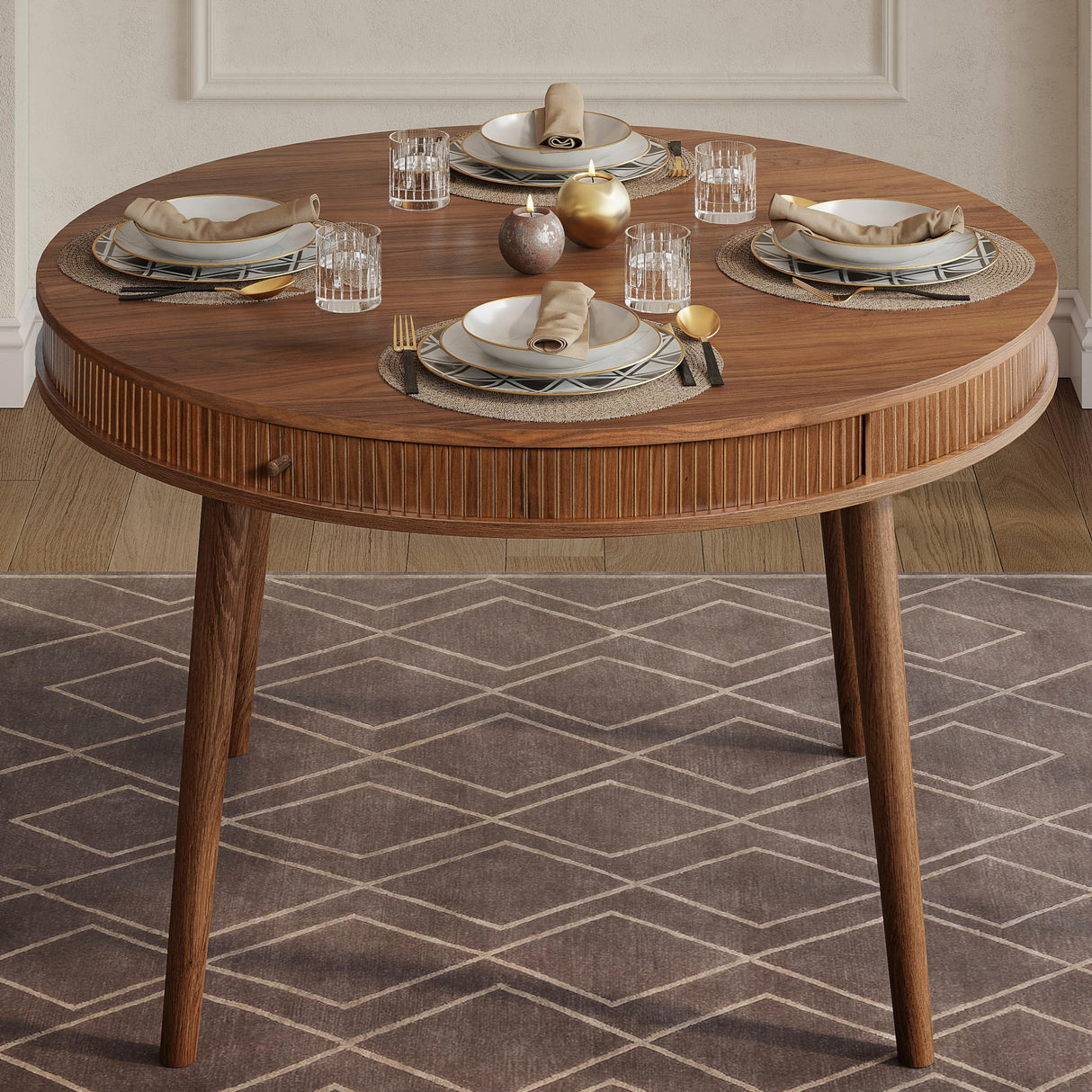 WERMO 47'' Round Dining Table for 4 People - Pre Assembled Round Kitchen Table with 2 Hidden Storages. Modern Dining Table, Round Wood Dining Table, Circle Dining Table, Modern Round Table (Walnut) WERMO