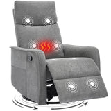 Trustyue Manual Recliner Chair, 360° Swivel Rocker Recliner with Heat and Massage for Small Space, Upholstered Fabric Glider Rocking Chair Nursery Chair with Side Pockets for Living Room, Grey Trustyue