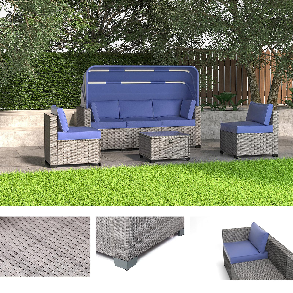 olimix Patio Furniture Set, 6 Pieces All Weather Wicker Rattan Conversation Set with Canopy, Outdoor Sectional Sofa Set w/Adjustable Backrest, Chaise Chair Daybed w/Storage Table, Grayish-White/Blue olimix