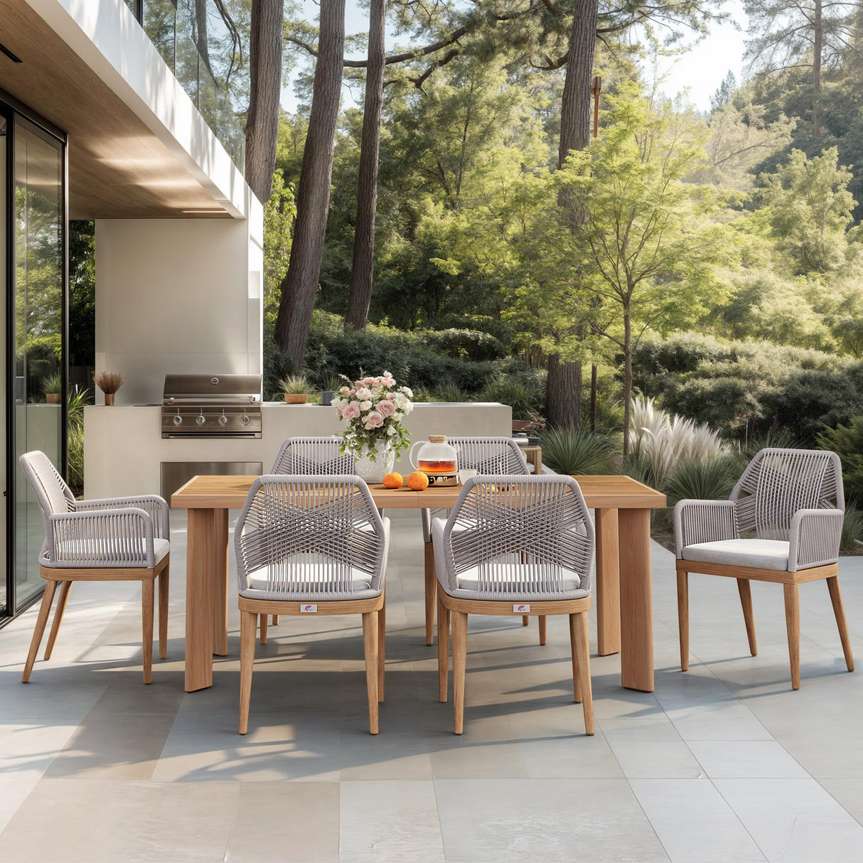 PURPLE LEAF 7 Pieces Patio Dining Set Aluminum Modern Rectangular Table and Rattan Arm Chairs with Cushions for Kitchen Porch Garden Outdoor Furniture Sets, Teak PURPLE LEAF