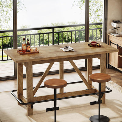 Tribesigns 63" Bar Table, Long Counter Height Pub Dining Table with Footrest, Home Bar Furniture for Bar, Kitchen & Dining Room, Living Room, Brown