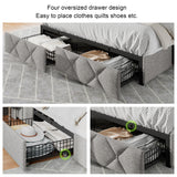 Feonase Full Bed Frame with 4 Storage Drawers, Upholstered Button Tufted Storage Headboard with Fast Charging Station, Heavy Duty Slats Support, No Box Spring Needed, Noise-Free, Light Grey Feonase