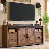 JXQTLINGMU Farmhouse TV Stand for 75+ Inch TV, 32" Tall Entertainment Center w/4 Drawers & Sliding Barn Door, Rustic Media Console w/Storage Shelves, 66" Wood Television Stand for Living Room, Brown JXQTLINGMU