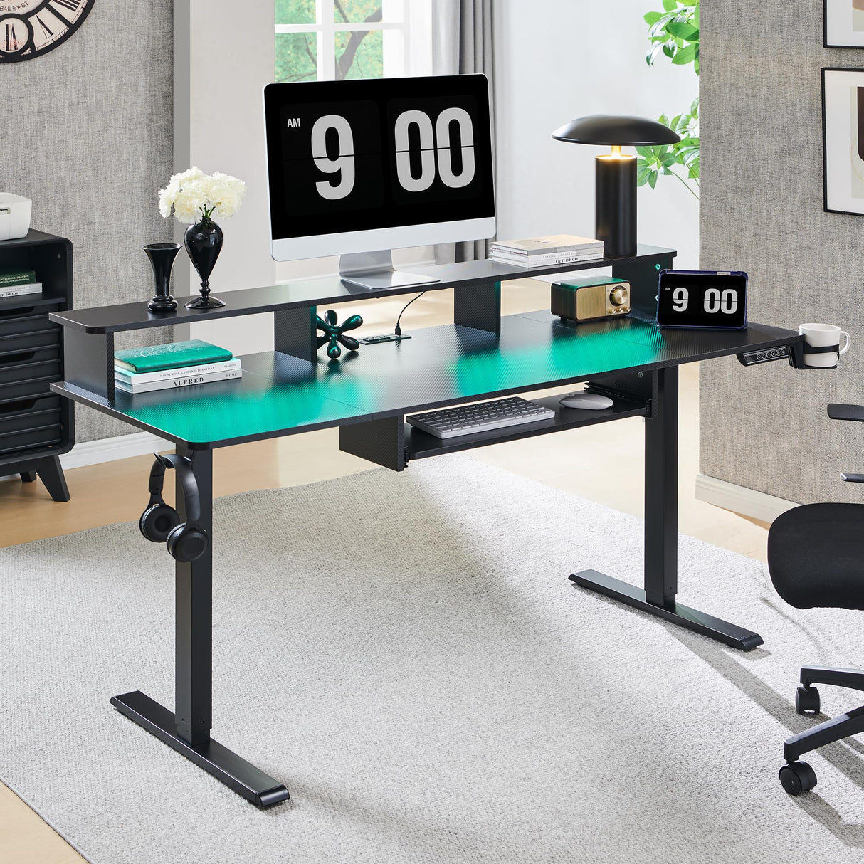 RedLemon 60Inch Gaming Desk, Electric Standing Desk with Height Adjustable, Power Outlets, LED Lights, Keyboard Tray, and Monitor Shelf, Stand Up Computer, Black RedLemon