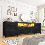 EnHomee 12 Drawer Dresser TV Stand for 65 70 75 Inch TV 63" W Extra Long Black Dresser for Bedroom with LED Lights & Power Outlets Entertainment Center with Drawers, Fabric Dresser for Closet EnHomee