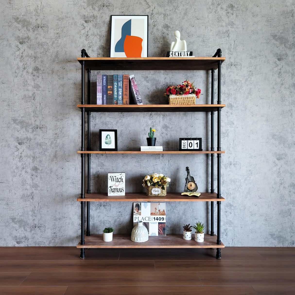 Anynice Industrial Bookshelf, 5-Tier Pipe Shelf, Wall Mounted Bookcase for Home and Office (Weathered Brown, 48" L x 11.8" W x 70" H) Anynice