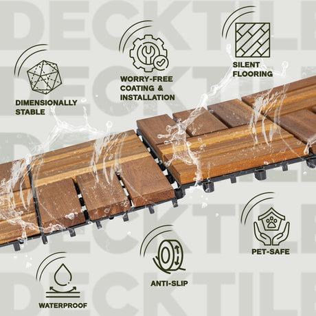 VICTORY RELAX Acacia Wood Decking Tiles 9PCS - Easy Snap Interlocking Deck Tiles for Patio Poolside Balcony Decor - All Weather Waterproof Flooring for Indoor & Outdoor (Round Joints) VICTORY RELAX