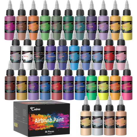 Colima Airbrush Paint – 36 Colors, Opaque & Brilliant | Ready-to-Spray Water-Based Acrylic Paint Set for Metal, Plastic Models, Canvas & Wood – Perfect for Artists Beginners & Hobbyists-30ml/OZ Colima