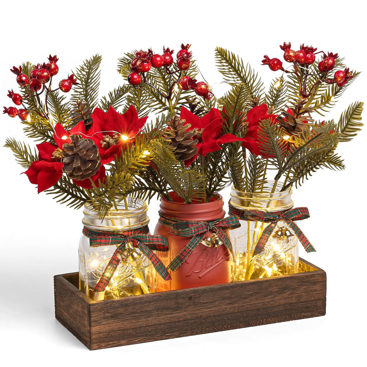 DUOER 3 Pcs Mason Jar Centerpiece Decorations for Christmas Table Decor Farmhouse Coffee Table Decor Christmas Kitchen and Room Decor,Red DUOER