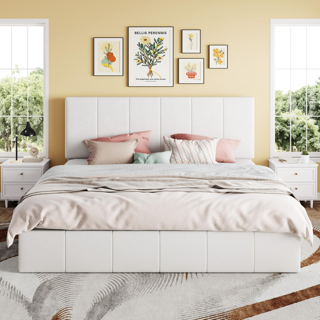 SHA CERLIN King Size Lift Up Storage Bed Frame, Adjustable Headboard, Hydraulic Support, Velvet Upholstered, Easy Installation, No Box Spring Needed, White SHA CERLIN