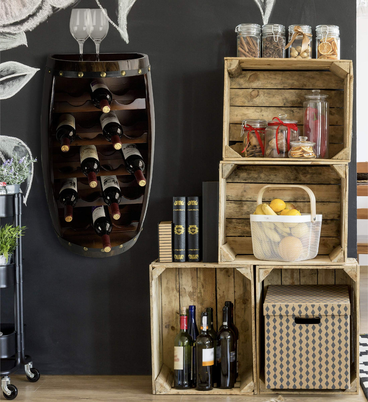 CoTa Global Alexander Mounted Wall Wine Rack - 18 Wine Bottles Wooden Barrel Wine Rack, Hanging or Freestanding Floor Wine Holder, Liquor Bar CoTa Global