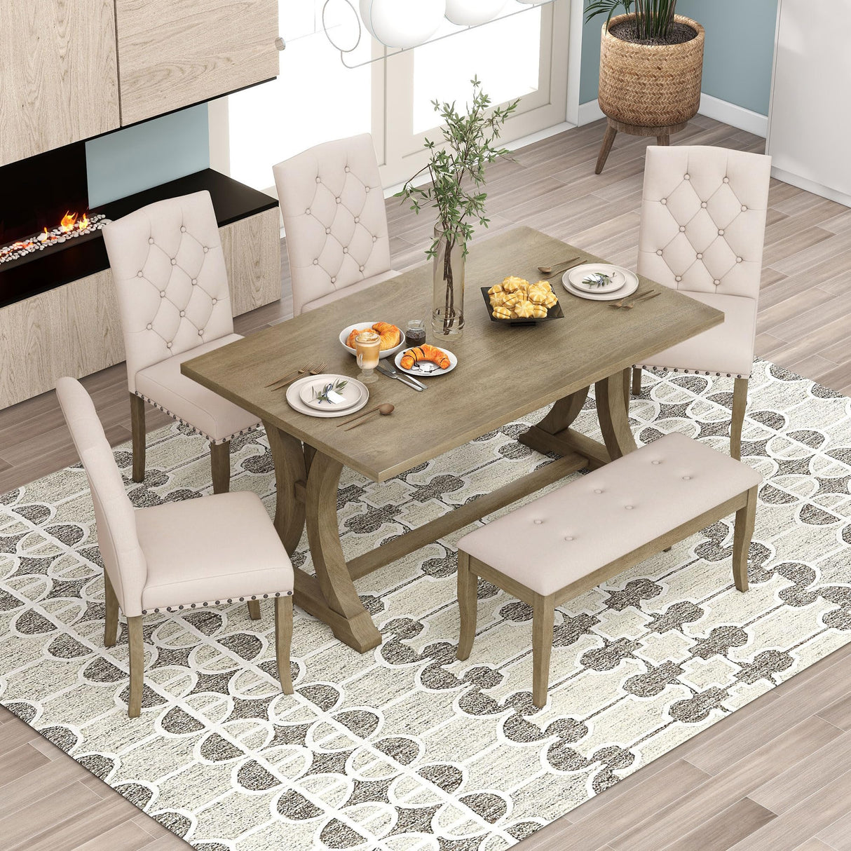 Harper & Bright Designs Classic and Traditional Style 6 - Piece Dining Set, Includes Dining Table, 4 Upholstered Chairs & Bench (White+Gray) (White+Gray) (Natural Wood Wash1) Harper & Bright Designs