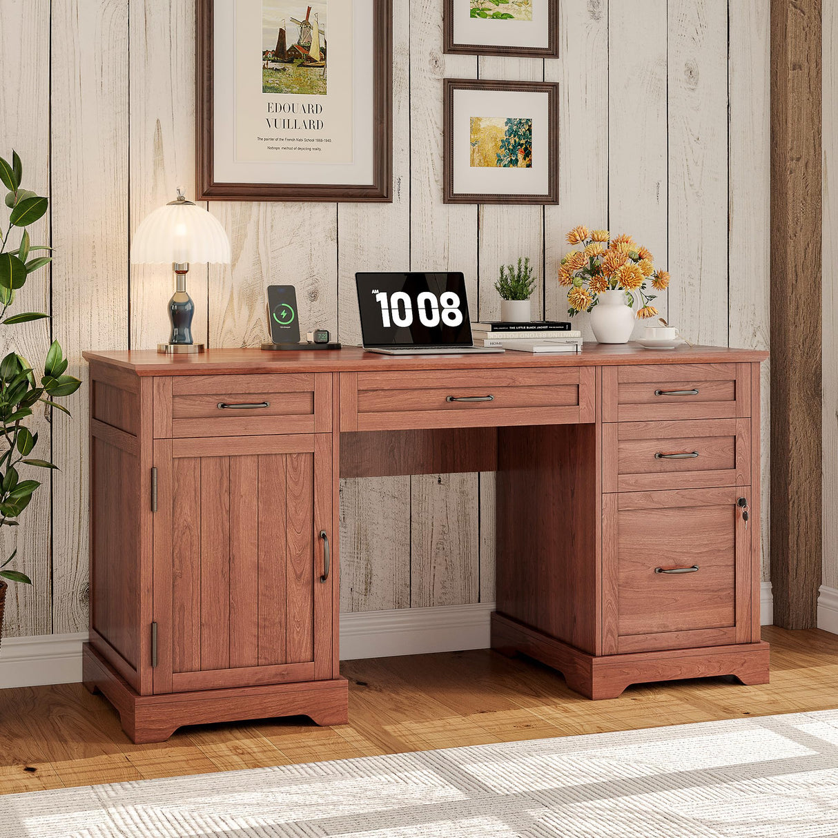 Whalefall Executive Desk with Drawers, 55'' Farmhouse Desk Wooden, Home Office Computer Desk with File Cabinet and Charging Station, Cherry Brown Whalefall