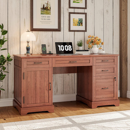 Whalefall Executive Desk with Drawers, 55'' Farmhouse Desk Wooden, Home Office Computer Desk with File Cabinet and Charging Station, Cherry Brown