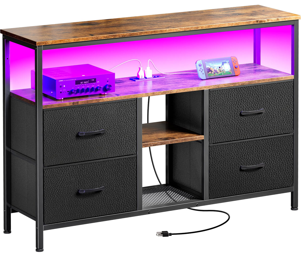 Huuger TV Stand Dresser with Power Outlets and LED Lights, 4 Drawers Entertainment Center with Open Shelf, Media Console for 50 43 Inch TV, Dresser with PU Finish, Rustic Brown and Black Huuger