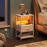 WLIVE White Night Stand with Charging Station, LED Nightstand with Adjustable Fabric Drawer, 3-Tier Storage Bedside Table, Small End Side Tables for Bedroom WLIVE