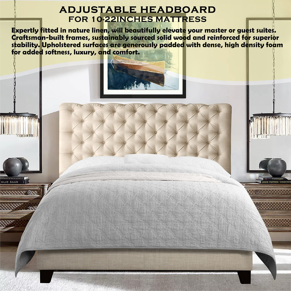 Rosevera Gideon Bed Frame, Fabric Upholstered Bed Frame with Adjustable Headboard, Chesterfield-StyledWood Slat Support, Easy Assembly, Full, Beige Rosevera