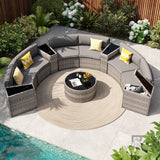 VONZOY Patio Sectional Furniture Outdoor 11-Piece Grey Rattan Curved Sofa Set with Storage Table,Pillows,Fit for Pool Backyard Balcony Porch Lawn (Grey) VONZOY