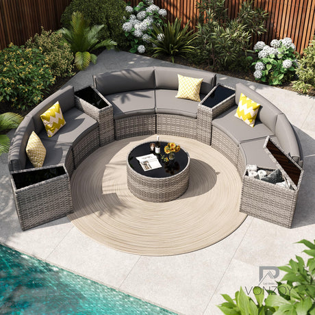 VONZOY Patio Sectional Furniture Outdoor 11-Piece Grey Rattan Curved Sofa Set with Storage Table,Pillows,Fit for Pool Backyard Balcony Porch Lawn (Grey) VONZOY
