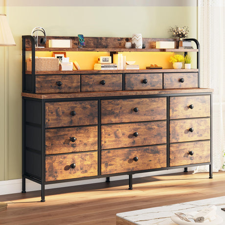 EnHomee 51.2" W Dresser for Bedroom with LED Lights, 13 Drawer Dresser for Bedroom, Long Dressers & Chests of Drawers with Shelves, Large Fabric Dresser for Closet Hallway, Rustic Brown EnHomee