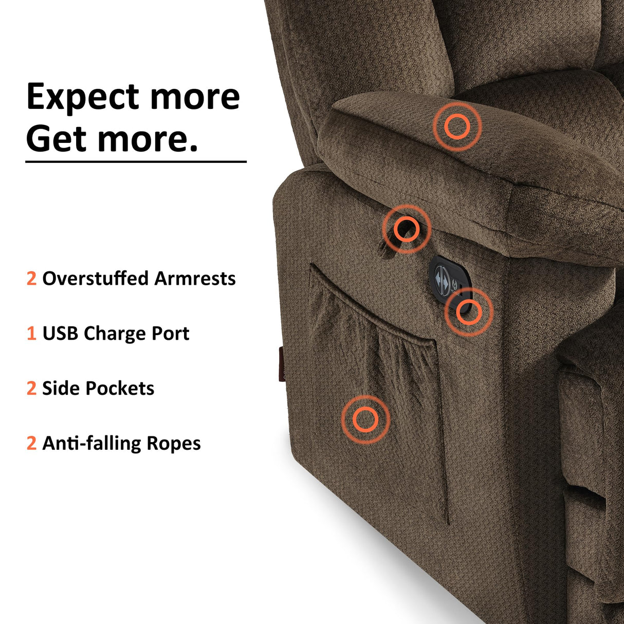 MCombo Zero Gravity Power Recliner Sofa with Drop Down Table, Heat and Vibration Massage, 3 Seater Dual Reclining Couch with USB Ports, Cup Holders for Living Room, Fabric RS6236 (Dark Brown) MCombo