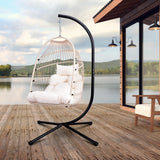 DAIJIA CHINA Foldable Hanging Egg Chair with Stand, HDPE Rattan and Heavy Duty Aluminum-Steel Frame, Outdoor Patio Wicker Swing Egg Chair with Headrest and Cushioned, 350 Lbs Capacity (Beige) DAIJIA CHINA