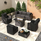 KHOLH Patio Furniture Set with Fire Pit Table, 9 Pieces Outdoor All-Weather Wicker Conversation Sectional Chair Sofa Set with 2 Swivel Chairs KHOLH