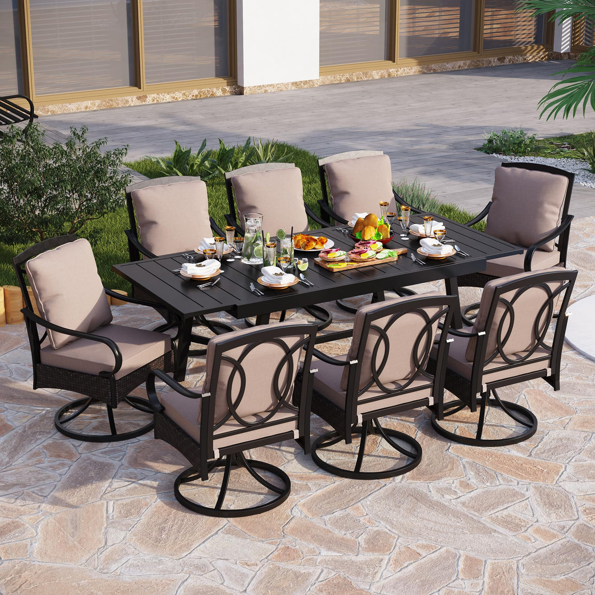 PHI VILLA 9-Piece All-Weather Outdoor Dining Set, Heavy Duty Expandable Metal Table & 8 Swivel Chairs with Cushions, Durable Patio Furniture for Deck, Backyard, Garden PHI VILLA