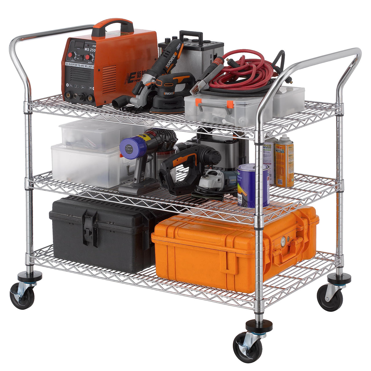 Finnhomy 3-Tier Commercial Grade Rolling Cart, Heavy Duty Utility Cart, Carts with Wheels and Handles, Kitchen Cart on Wheels, Metal Serving Cart with 600 lbs Capacity, Shelf Size 24" D x 40" W, NSF Finnhomy