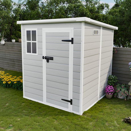 YOPTO 6x6 FT Resin Outdoor Storage Shed with Floor, All-Weather Plastic Shed with Lockable Doors, Window & Vents, Utility Plastic Tool Shed Storage House for Backyard, Patio, Light Grey YOPTO