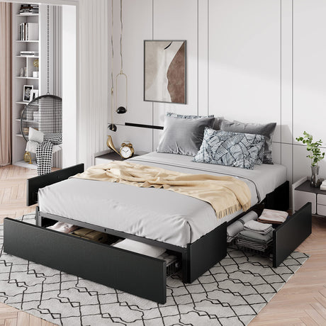 Allewie Full Size Platform Bed Frame with 3 Storage Drawers, Faux Leather Upholstered, Wooden Slats Support, No Box Spring Needed, Easy Assembly, Black Allewie