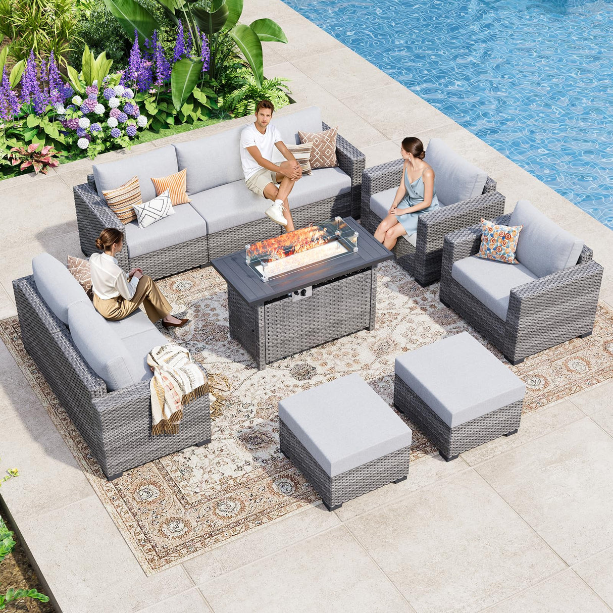 WACASA 7 Piece Patio Furniture Set with Fire Pit Table, Outdoor Patio Sectional Sofa Couch with Washable Cover, Natural Rattan Weave Conversation Set for Garden Outdoor WACASA