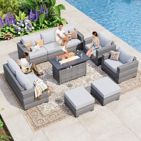 WACASA 7 Piece Patio Furniture Set with Fire Pit Table, Outdoor Patio Sectional Sofa Couch with Washable Cover, Natural Rattan Weave Conversation Set for Garden Outdoor WACASA