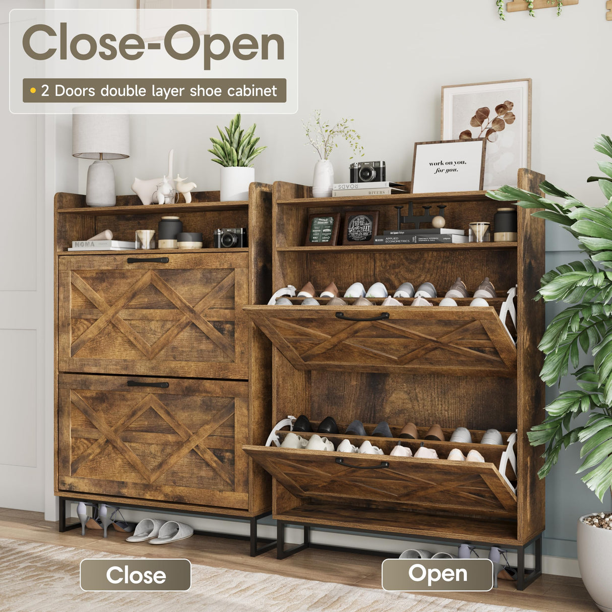 Maupvit Narrow Shoe Cabinet with 2 Flip Drawers, Shoe Storage Cabinet for Entryway, Freestanding Shoe Cabinet Organizer with Open Storage, Farmhouse Shoe Rack with Metal Legs (Brown) Maupvit