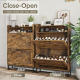 Maupvit Narrow Shoe Cabinet with 2 Flip Drawers, Shoe Storage Cabinet for Entryway, Freestanding Shoe Cabinet Organizer with Open Storage, Farmhouse Shoe Rack with Metal Legs (Brown) Maupvit