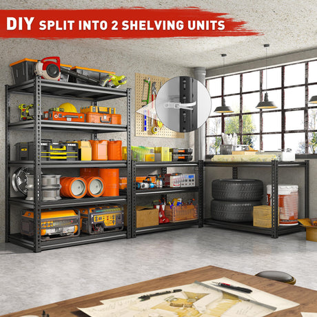 REIBII Garage Shelving 72" H Storage Shelves, 5-Tier Metal Shelving Adjustable Shelfs, Storage Shelves Heavy Duty Load 2500 LBS for Warehouse, Basement, Pantry, 72" H x36 W x18 D, 2 Pack REIBII