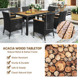 Yaheetech 7 Piece Patio Furniture Set, Outdoor Dining Acacia Wood Table Top Rattan Conversation Set with Soft Cushions, 6 Chairs & 1 Table for Backyard, Deck, Garden & Yard, Black/Beige Yaheetech