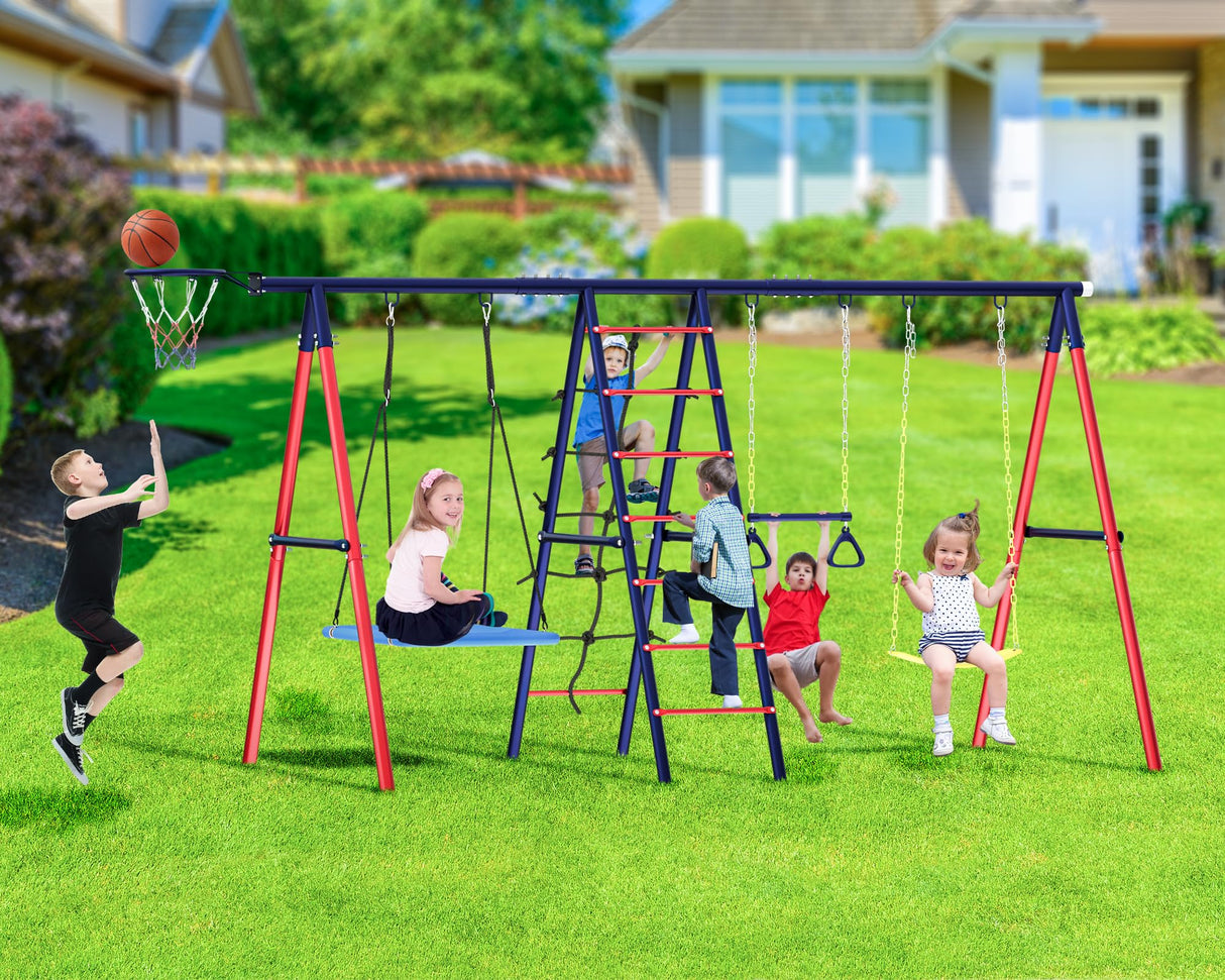 Swing Sets for Backyard, 6 in 1 Multifunction Swing Set Outdoor for Kids 3-12, Heavy Duty Metal Swing Sets with 2 Swings Climbing Ladder and Nets, Trapeze Bar, Basketball HoopPlayset BUPPLEE
