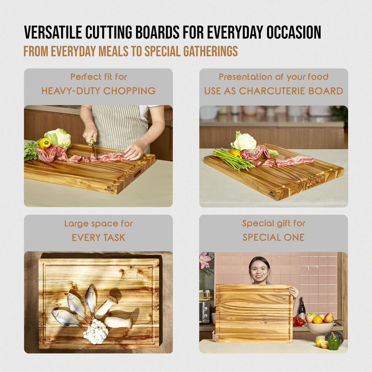 Bearchop Acacia Wood Cutting Boards for Kitchen, [20" x 15" x 1.25"] Large Edge Grain Cutting Boards, Solid Wood Butcher Block Cutting Board with Juice Grooves and Handle,Knife Friendly and Reversible EST 2007 BEAR CHOP