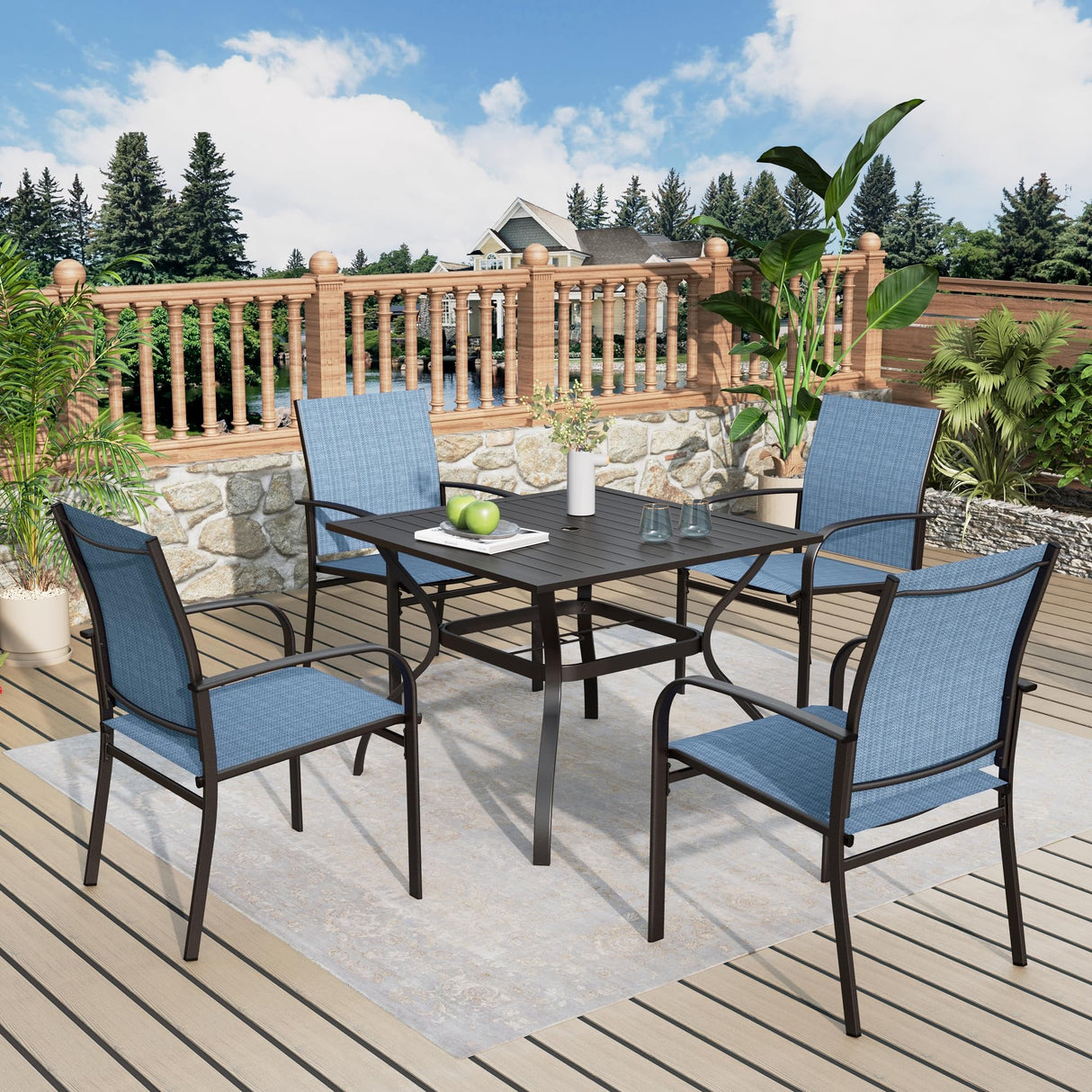 MIXPATIO 5-Piece Patio Table and Chairs Set for 4, Outdoor Dining Set with Blue Chairs and 37" Square Metal Umbrella Table for Deck Backyard Lawn MIXPATIO