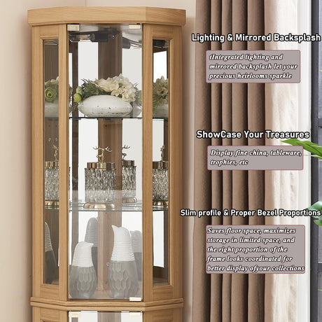 lunhung 69" H Lighted Corner Curio Cabinet, Corner Glass Display Case with Adjustable Shelves & Glass Doors, Wooden Curved Corner Accent Storage Curio Storage Rack for Living Room (Light Oak) lunhung