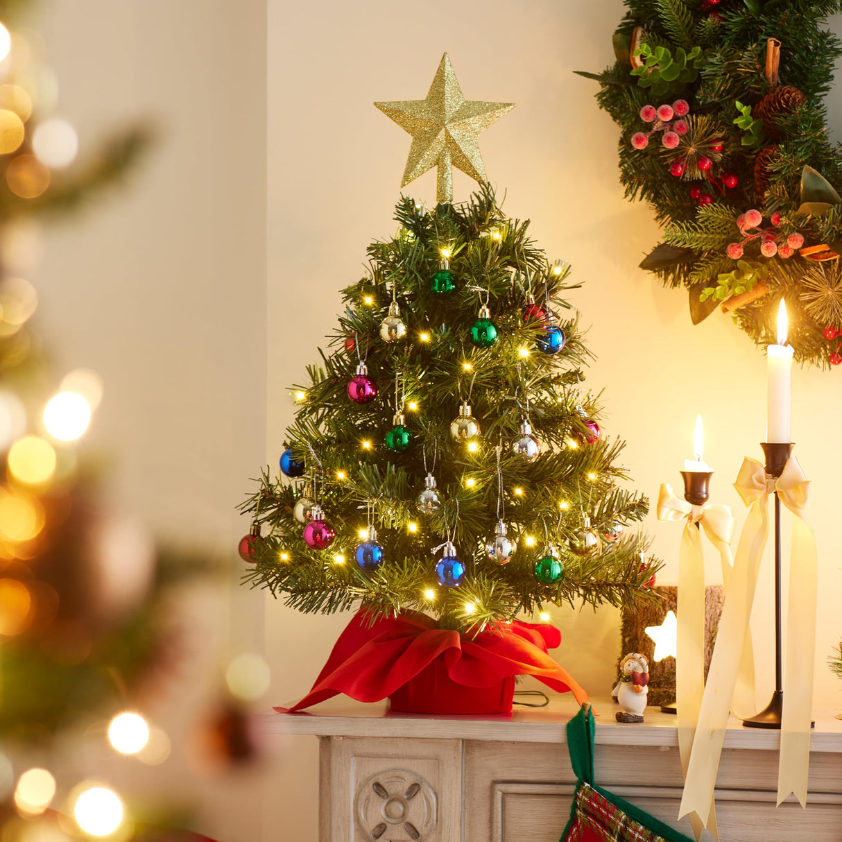 Joiedomi 24"/2FT Mini Christmas Tree Tabletop Set with Clear LED Lights, Artificial Mini Christmas Tree with Star Treetop and Hanging Ornaments, Best DIY Xmas Decorations Joiedomi