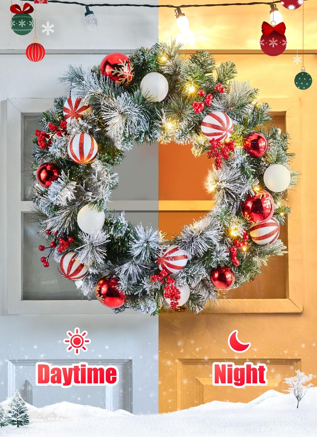 Pre-Lit Artificial Christmas Wreath 24Inch, Christmas Door Decorations Wreath with 50LED Warm Lights, Christmas Balls, Pine Needles, and Red Berries for Front Door Wall Windows X-mas Ornament Minetom