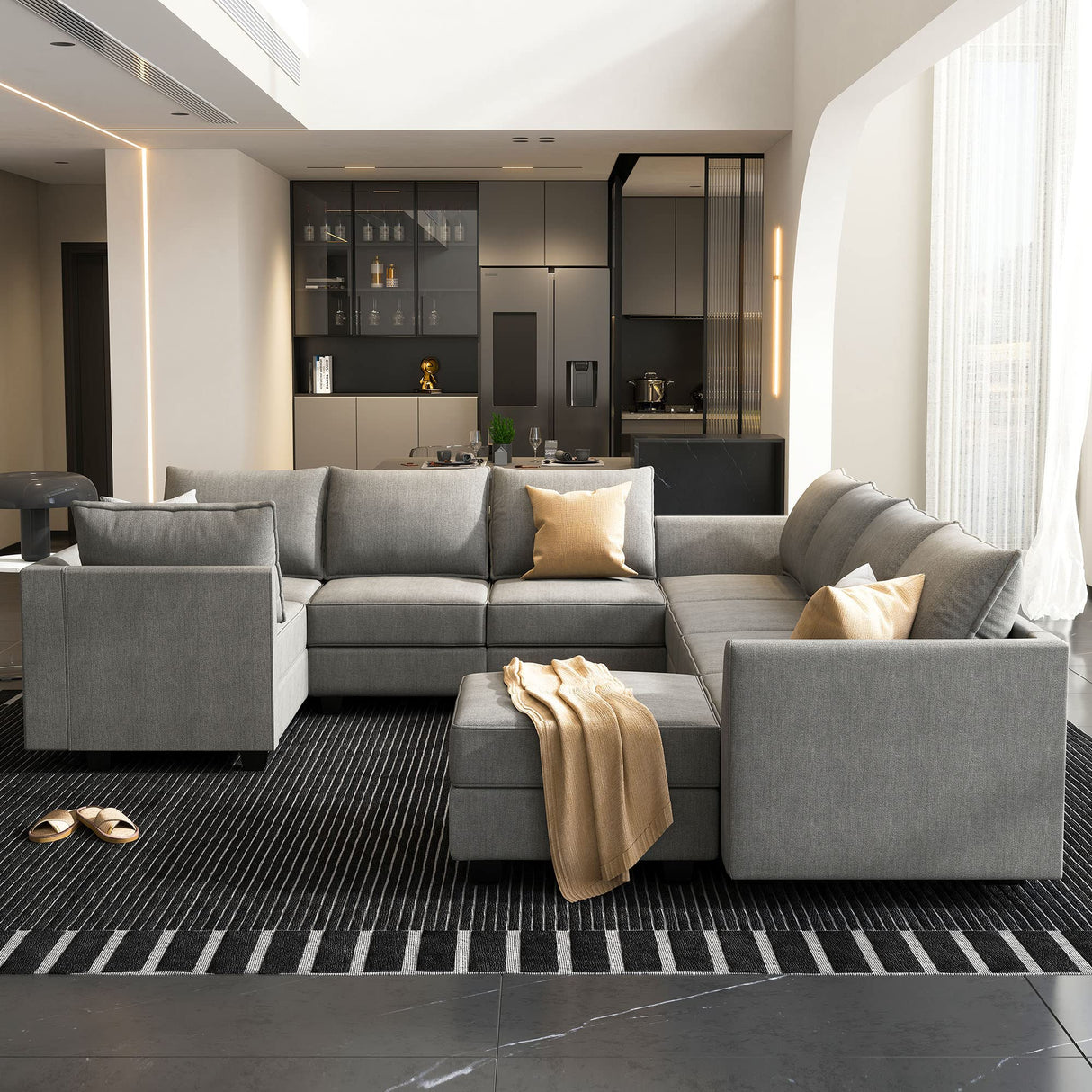 HONBAY Oversized Modular Sectional Sofa Modern Fabric Sectional Couch with Reversible Chaise U Shaped Modular Sofa Set Sleeper Sectional Couch with Stoarge Seats in Grey HONBAY