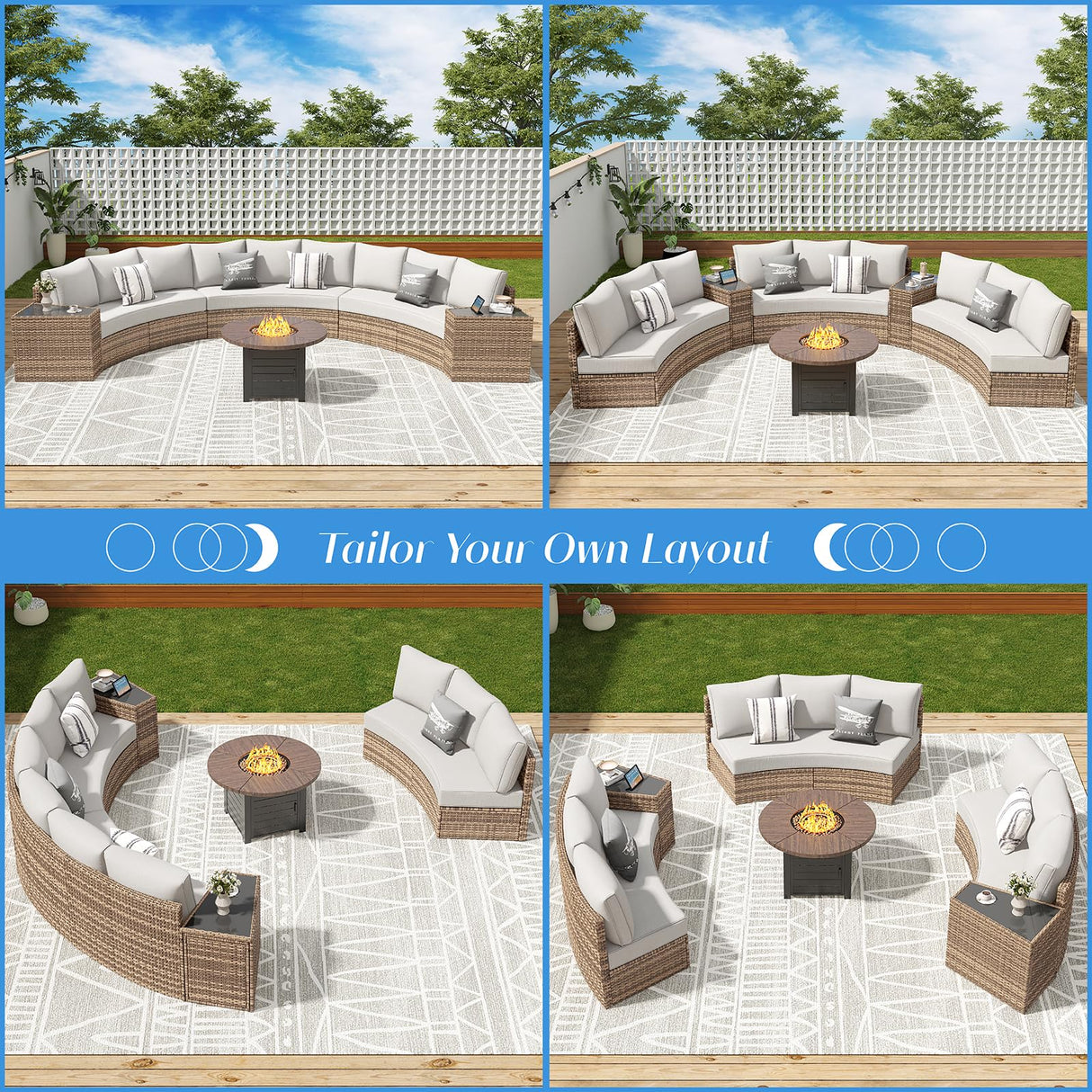 LUXOAK Patio Furniture Sets, 11 Piece Half-Moon Sectional Round Sofa Set, Outdoor Patio Furniture with Cushions & Wedge Table for Beach, Pool, Balcony, Beige LUXOAK